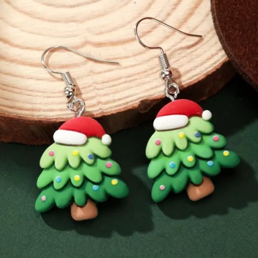 Christmas Tree with Santa Hat Holiday Earrings - Picture 2 of 4